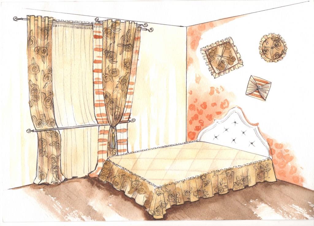 Эскиз текстильного оформления окна  и кровати 